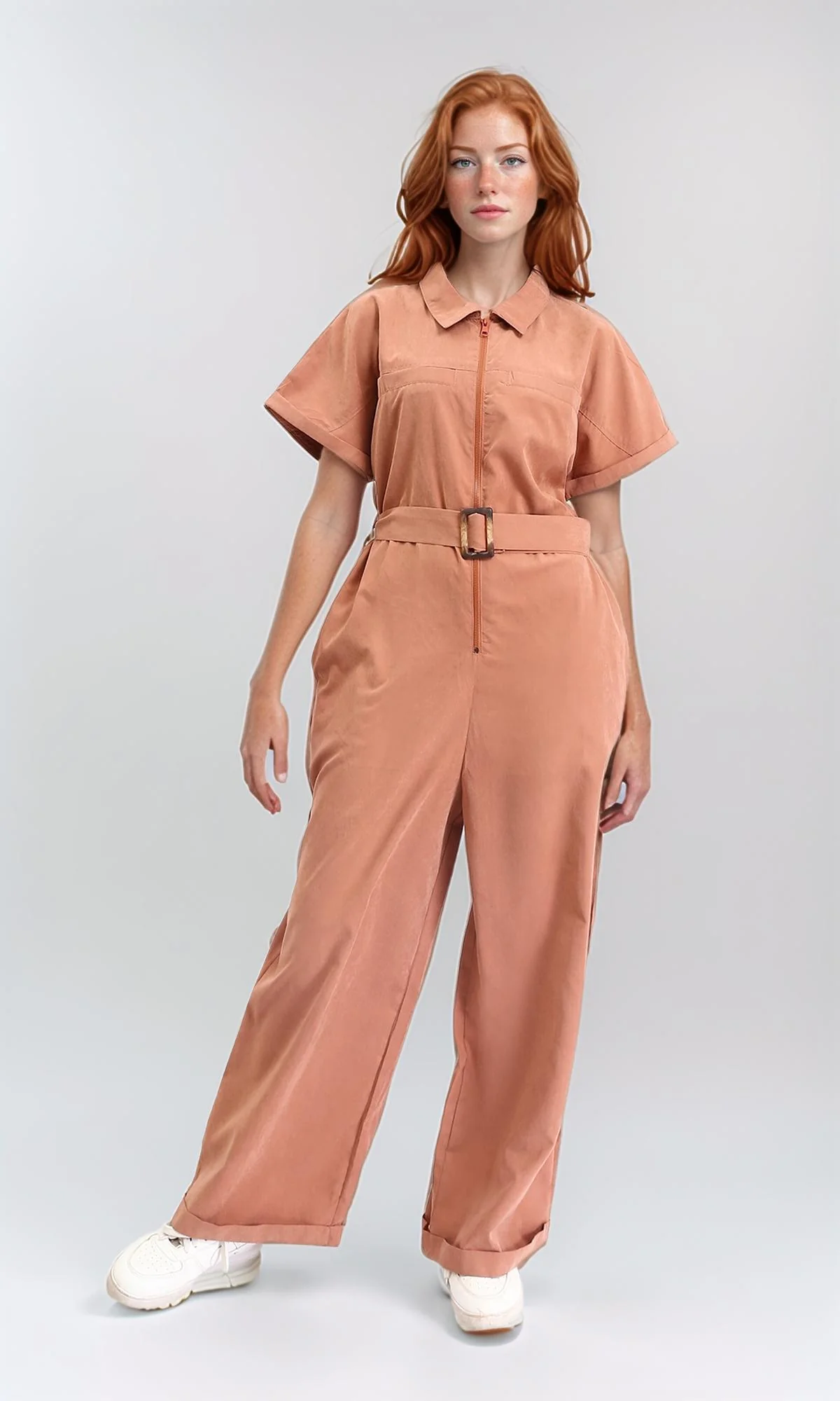 R212075 - Short Sleeves Zipped Jumpsuit with Middle Belt - Dark Salmon - Image 5