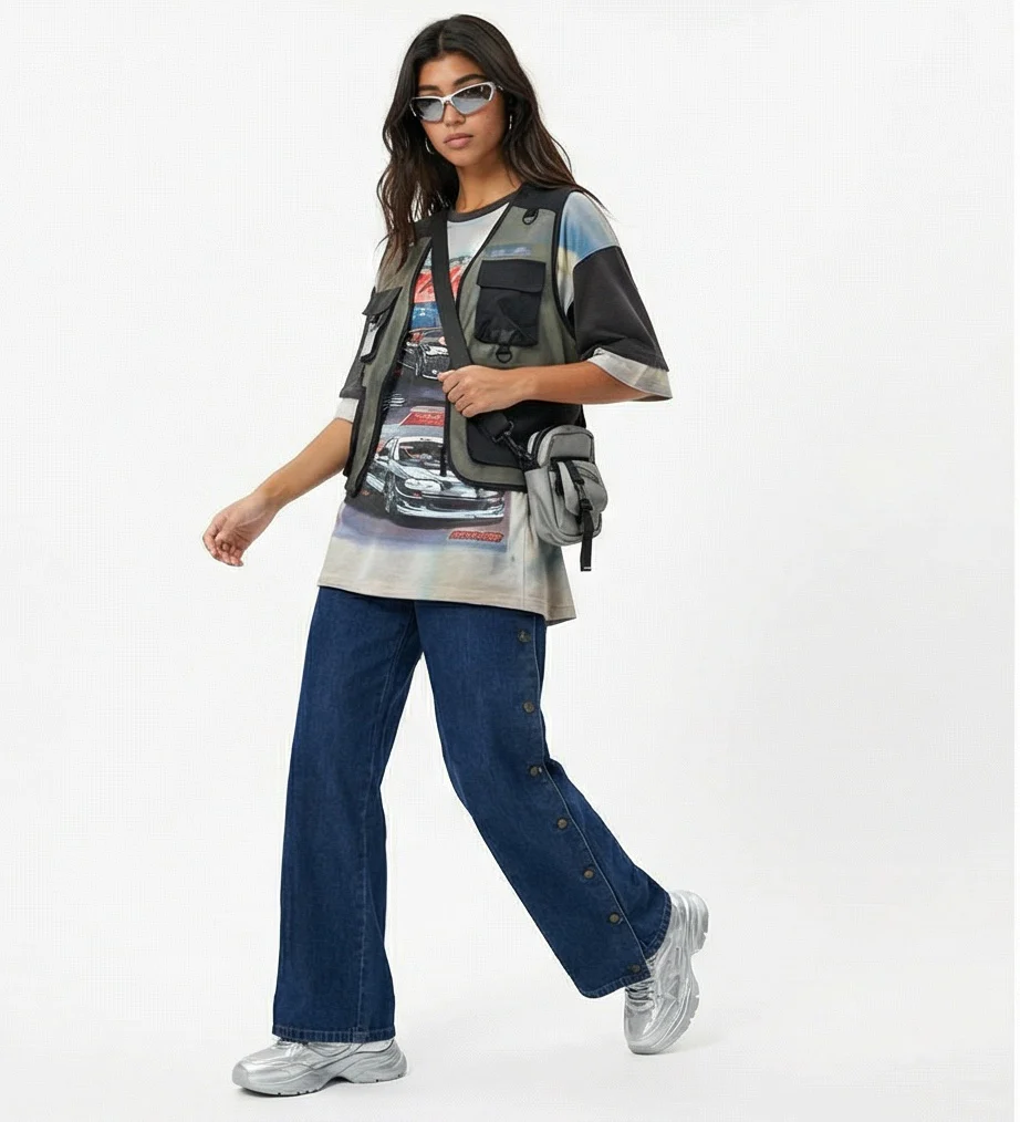 Side Button Detail Wide Leg Denim Jeans - R216412 - Image 3