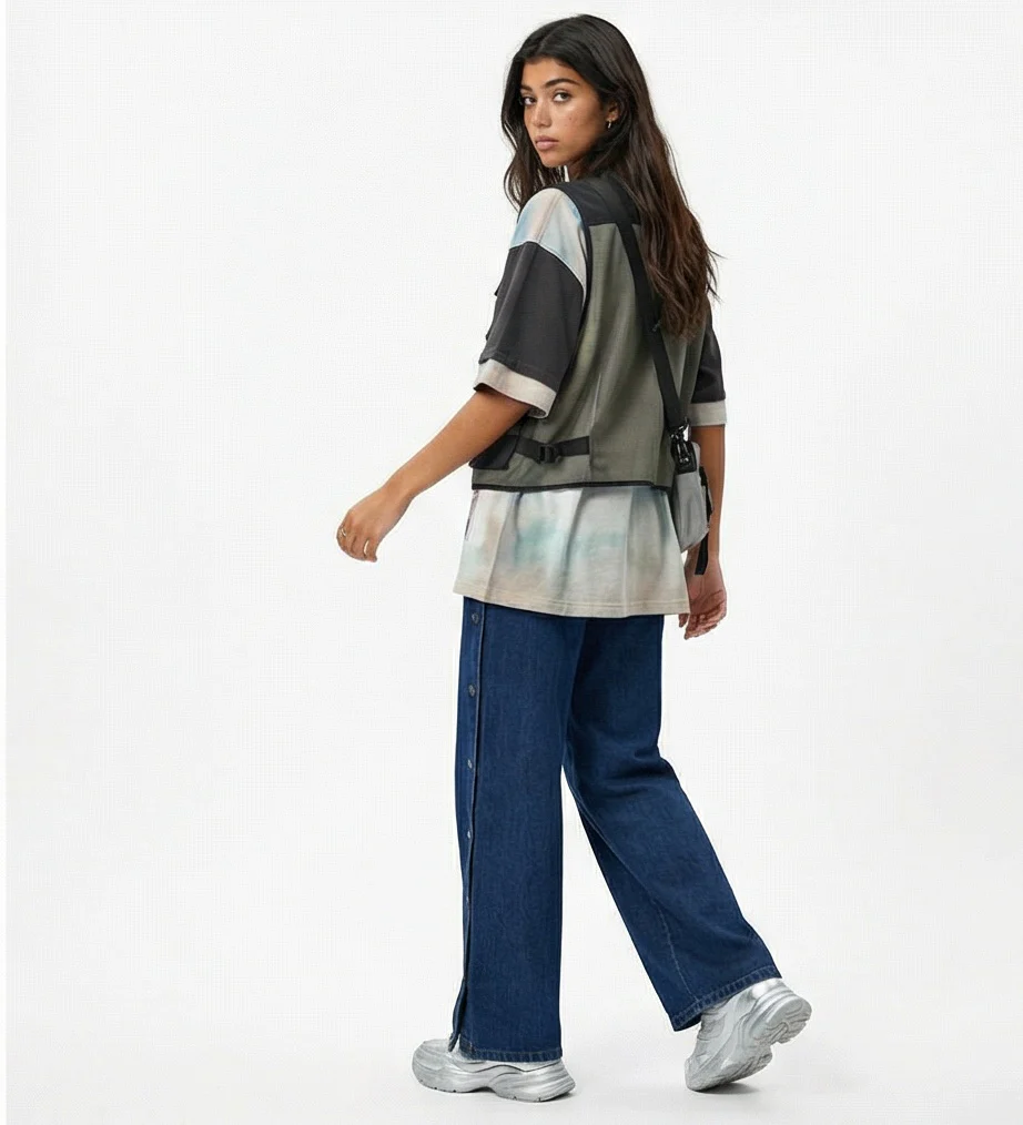 Side Button Detail Wide Leg Denim Jeans - R216412 - Image 4