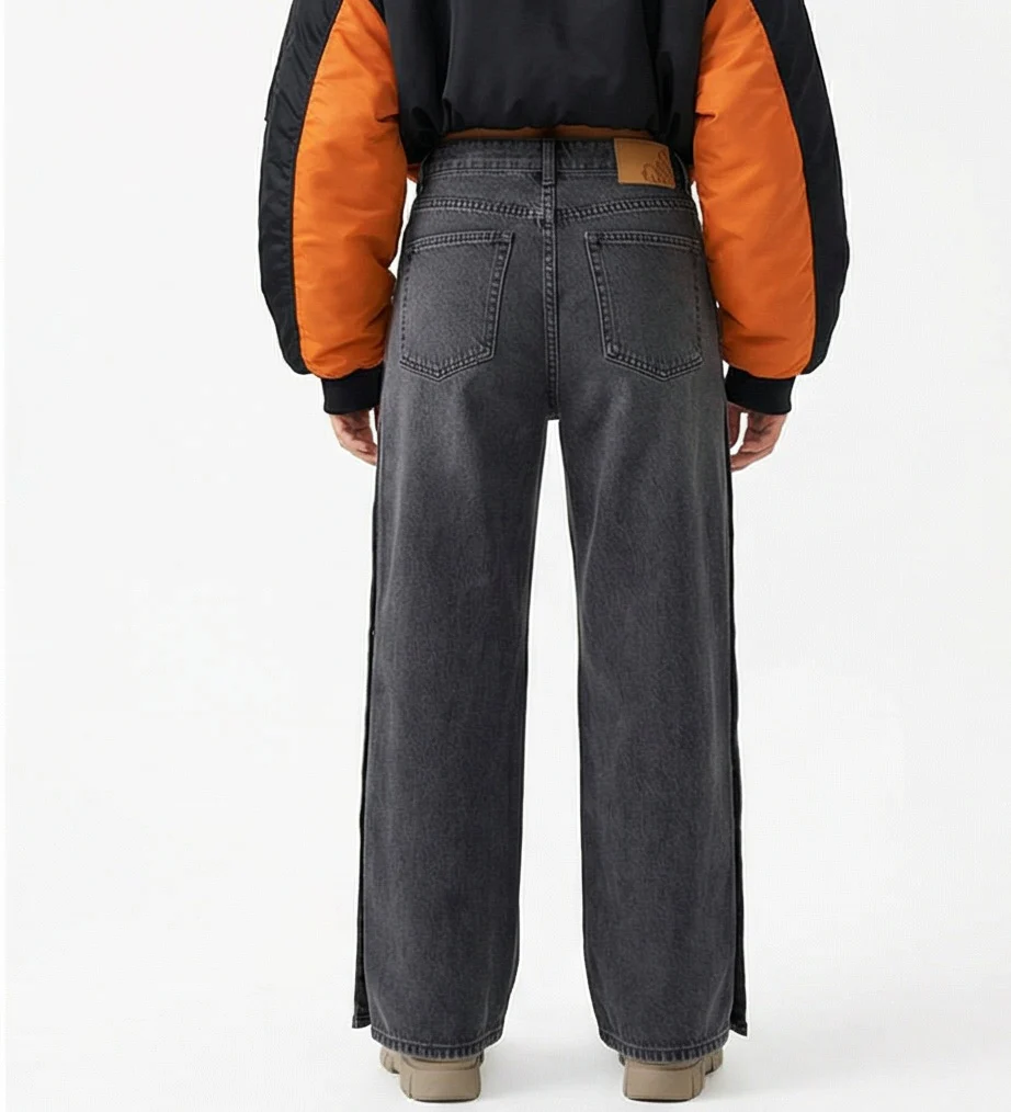 Side Button Wide-Leg Charcoal Denim Jeans - R216413 - Image 2