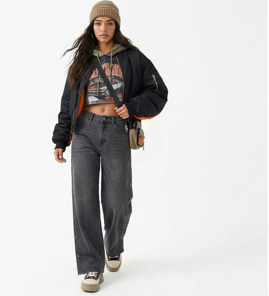 Side Button Wide-Leg Charcoal Denim Jeans - R216413 - Image 3