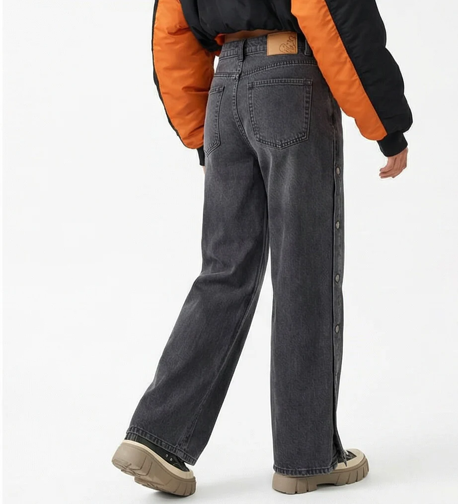 Side Button Wide-Leg Charcoal Denim Jeans - R216413 - Image 4
