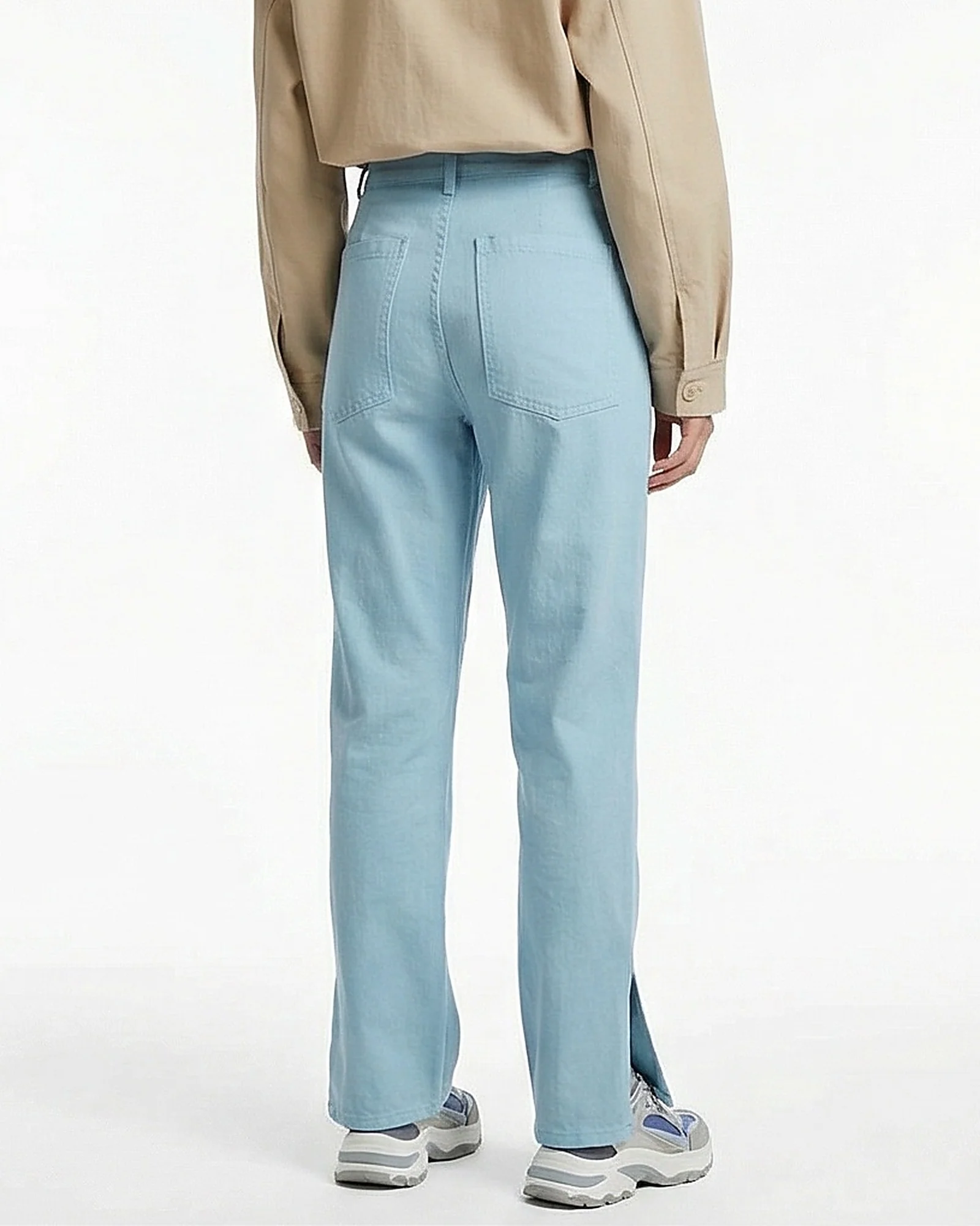 Sky Blue High-Waisted Straight Leg Trousers with Hem Slits - R217215 - Image 2