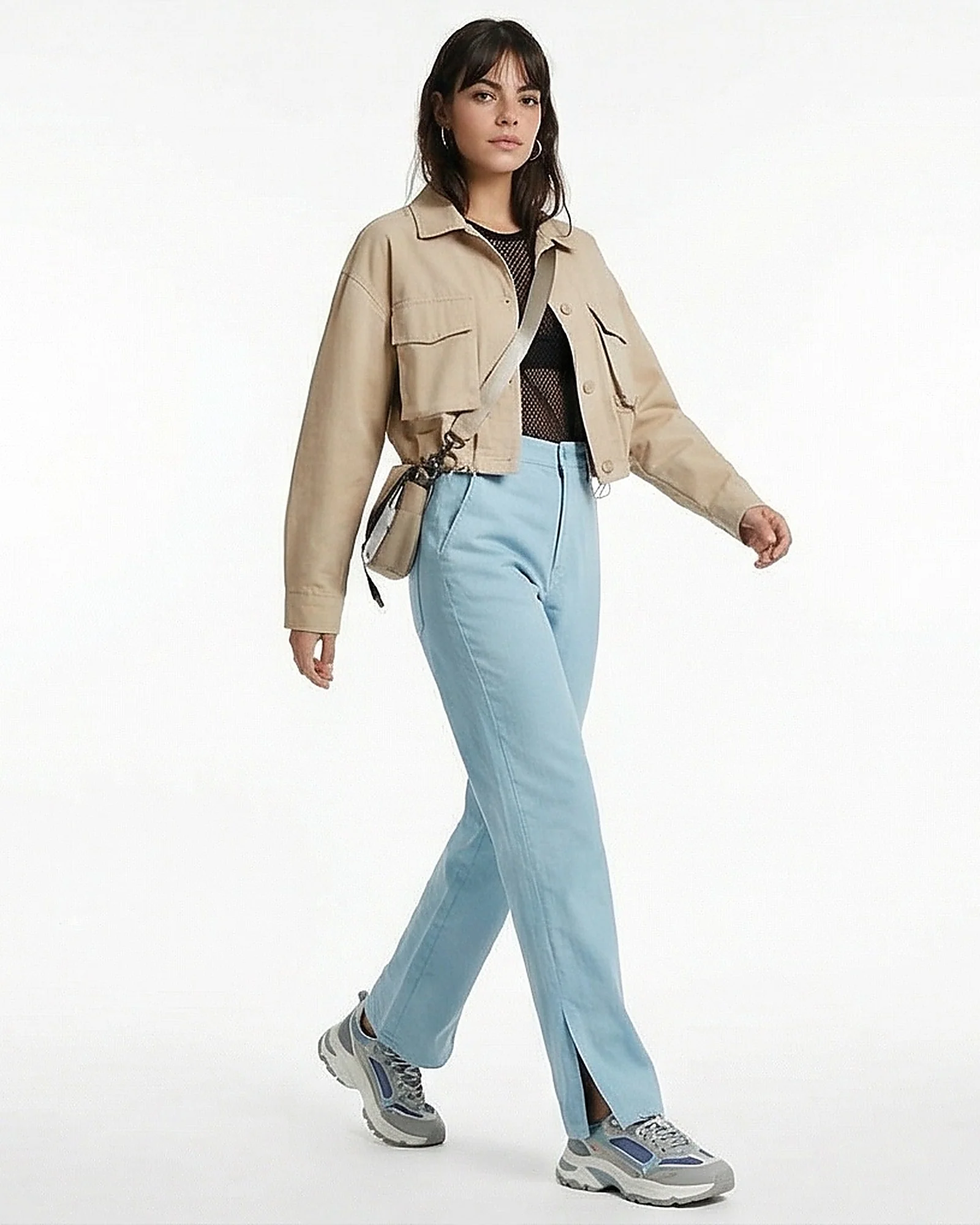 Sky Blue High-Waisted Straight Leg Trousers with Hem Slits - R217215 - Image 3