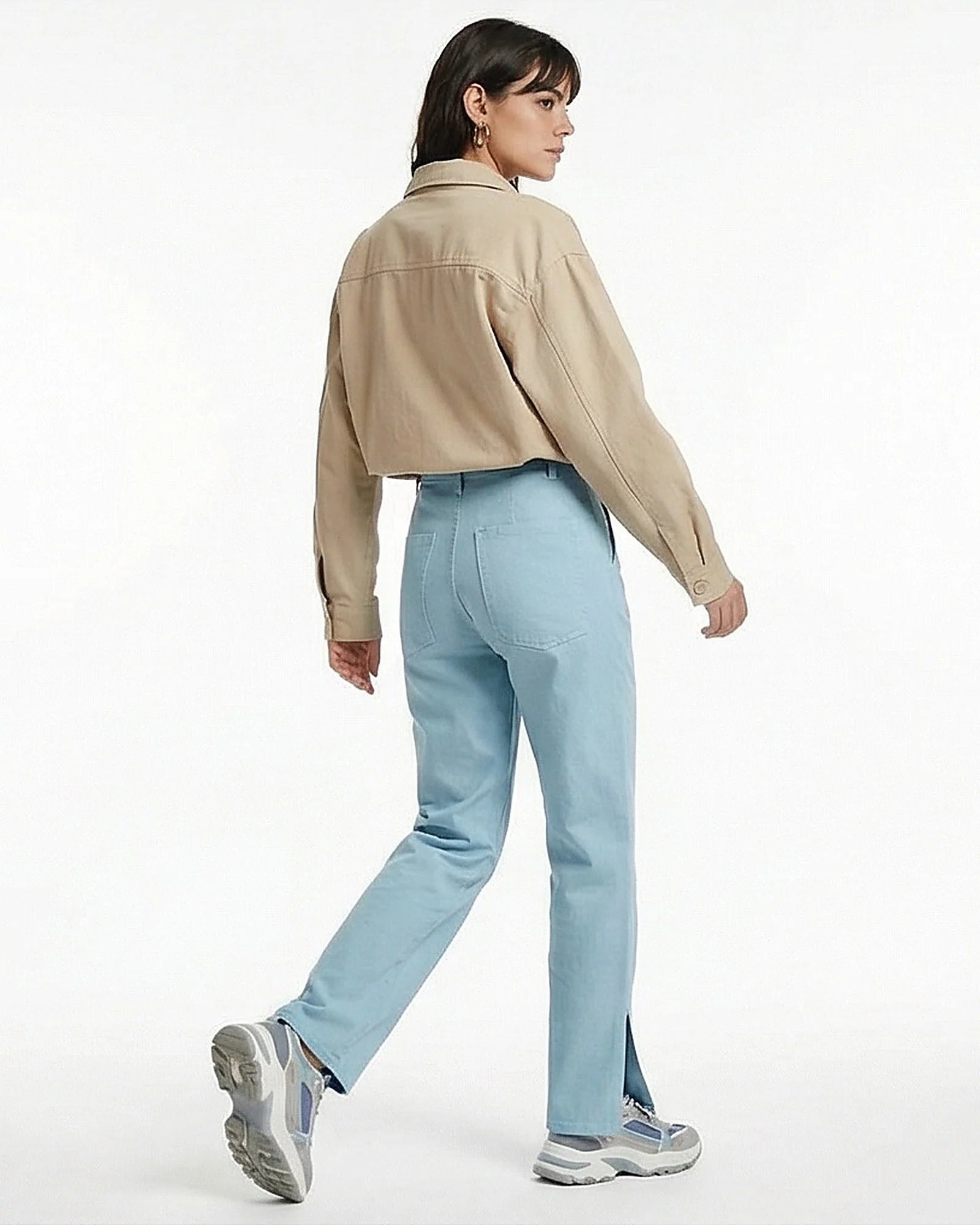Sky Blue High-Waisted Straight Leg Trousers with Hem Slits - R217215 - Image 4