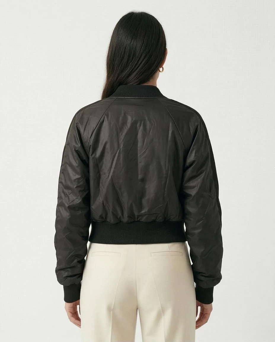 Sleek Black Satin Bomber Jacket - O200568 - Image 2
