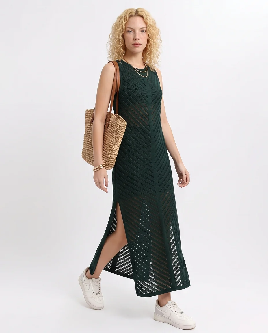 R208720 - Sleeveless Dress with Side Slits - Dark Green - Image 3