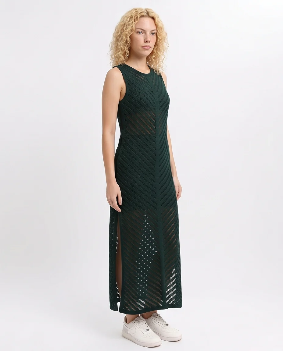 R208720 - Sleeveless Dress with Side Slits - Dark Green - Image 4