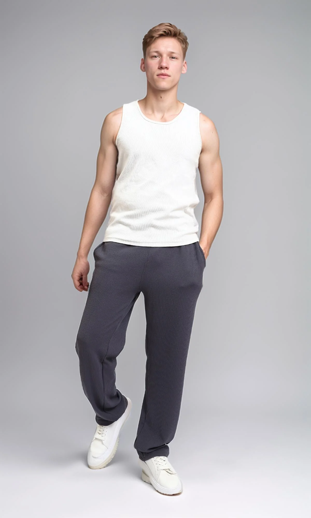 R215278 - Slip On Comfy Ribbed Pants - Dark Grey - Image 4
