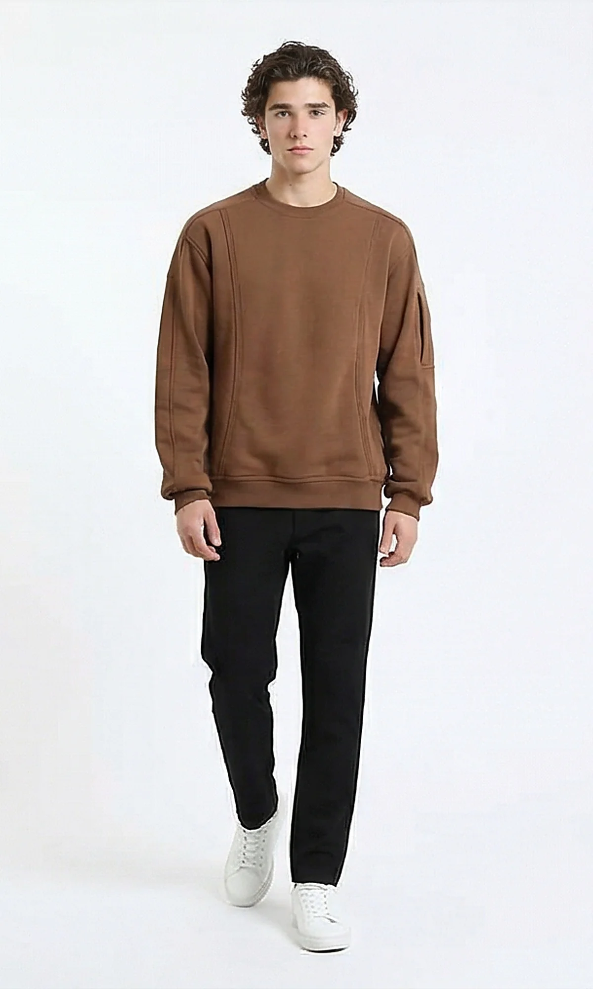 R215546 - Slip On Comfy Sweatshirt with Sleeve Pocket - Brown - Image 3