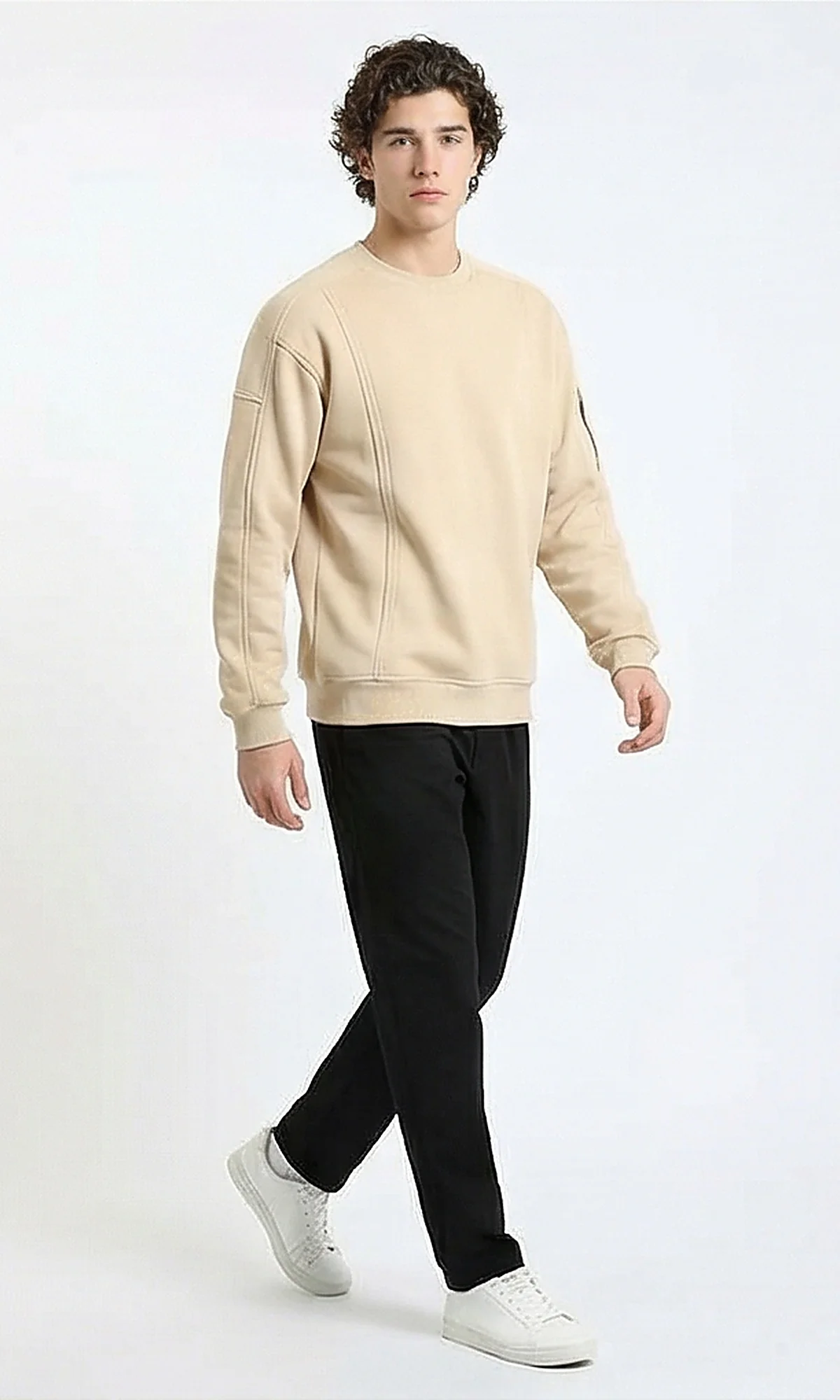 R215547 - Slip On Comfy Sweatshirt with Sleeve Pocket - Light Beige - Image 3