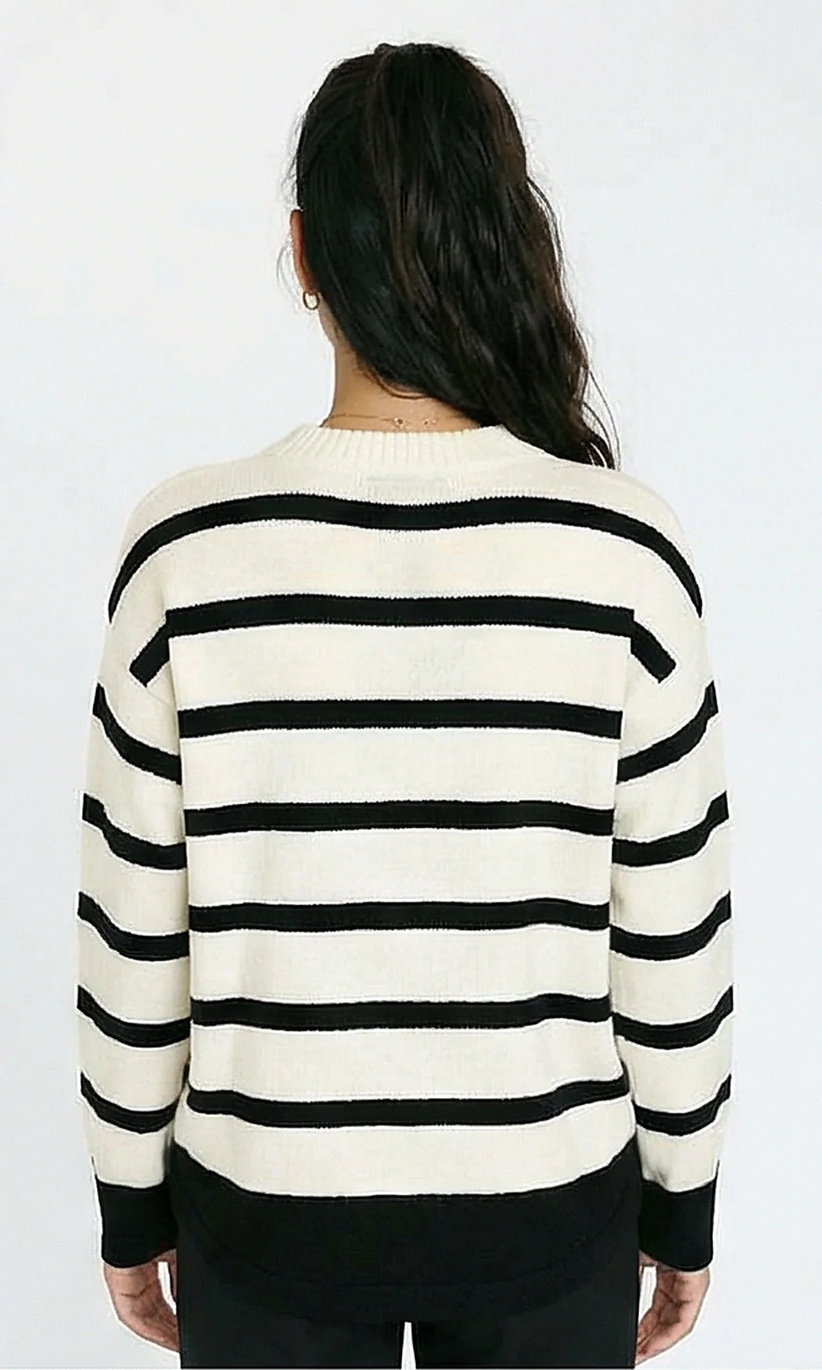 R215282 - Slip On Long Sleeves Striped Pullover - Off-White & Black - Image 2