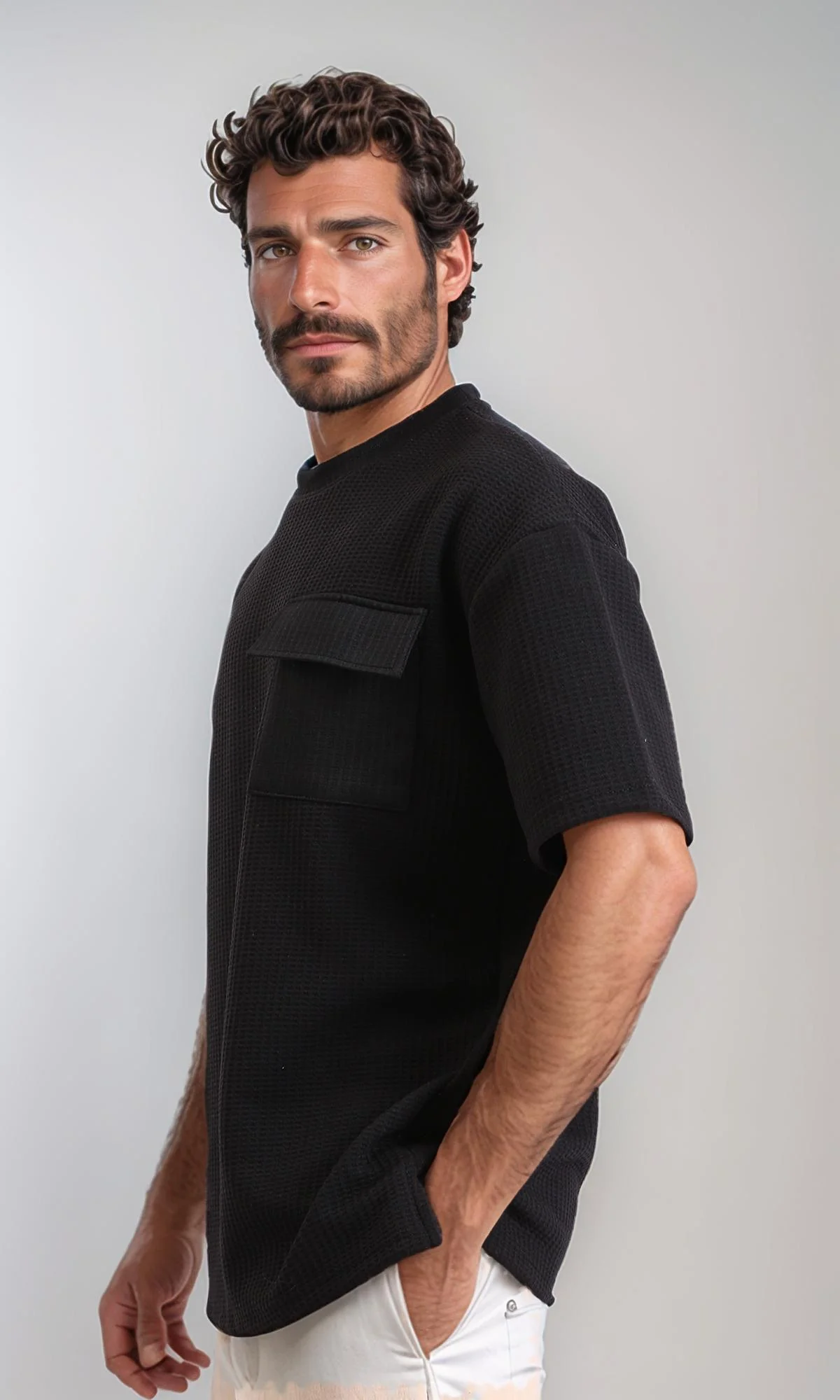 R207845-Slip On Loose Tee with Front Pocket - Black - Image 2
