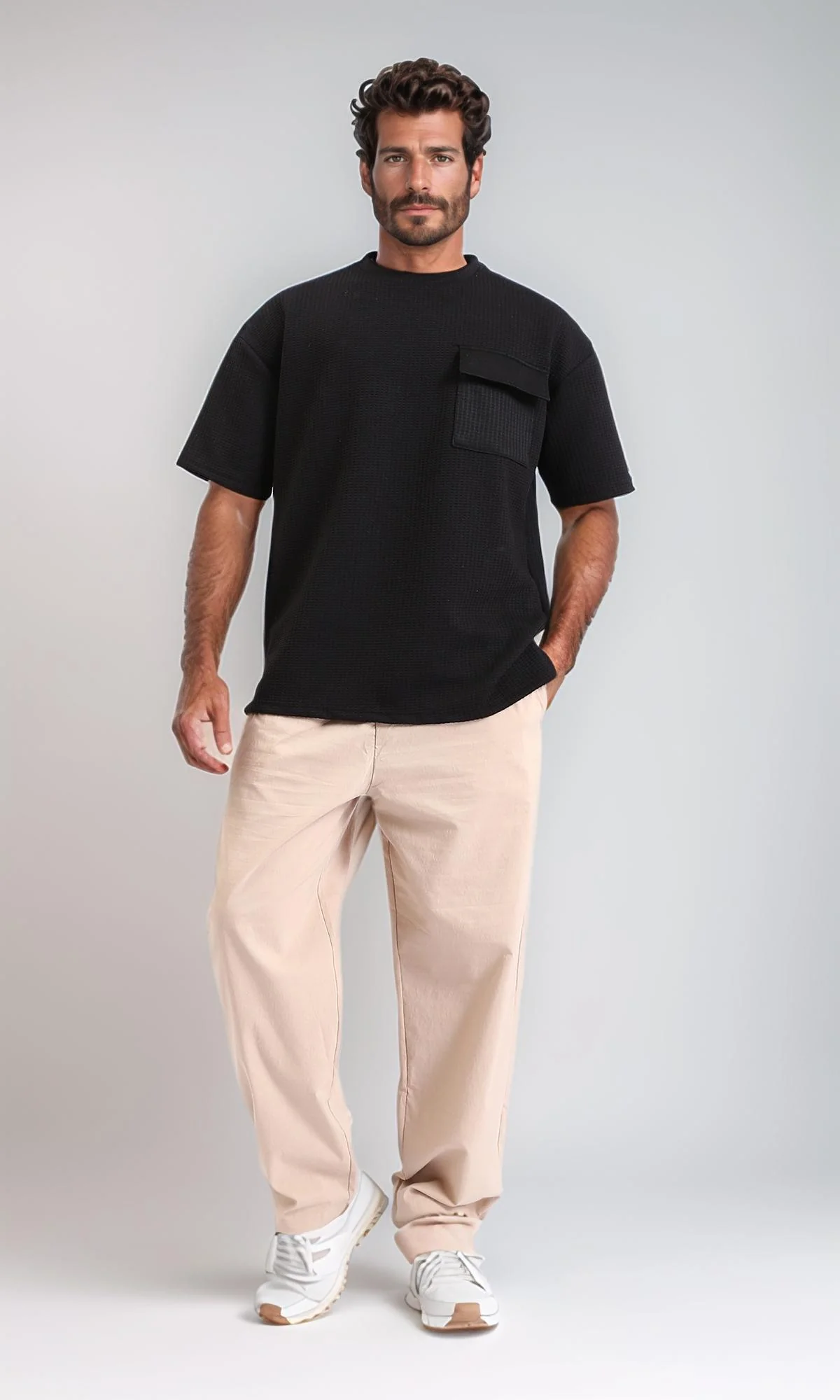 R207845-Slip On Loose Tee with Front Pocket - Black - Image 5