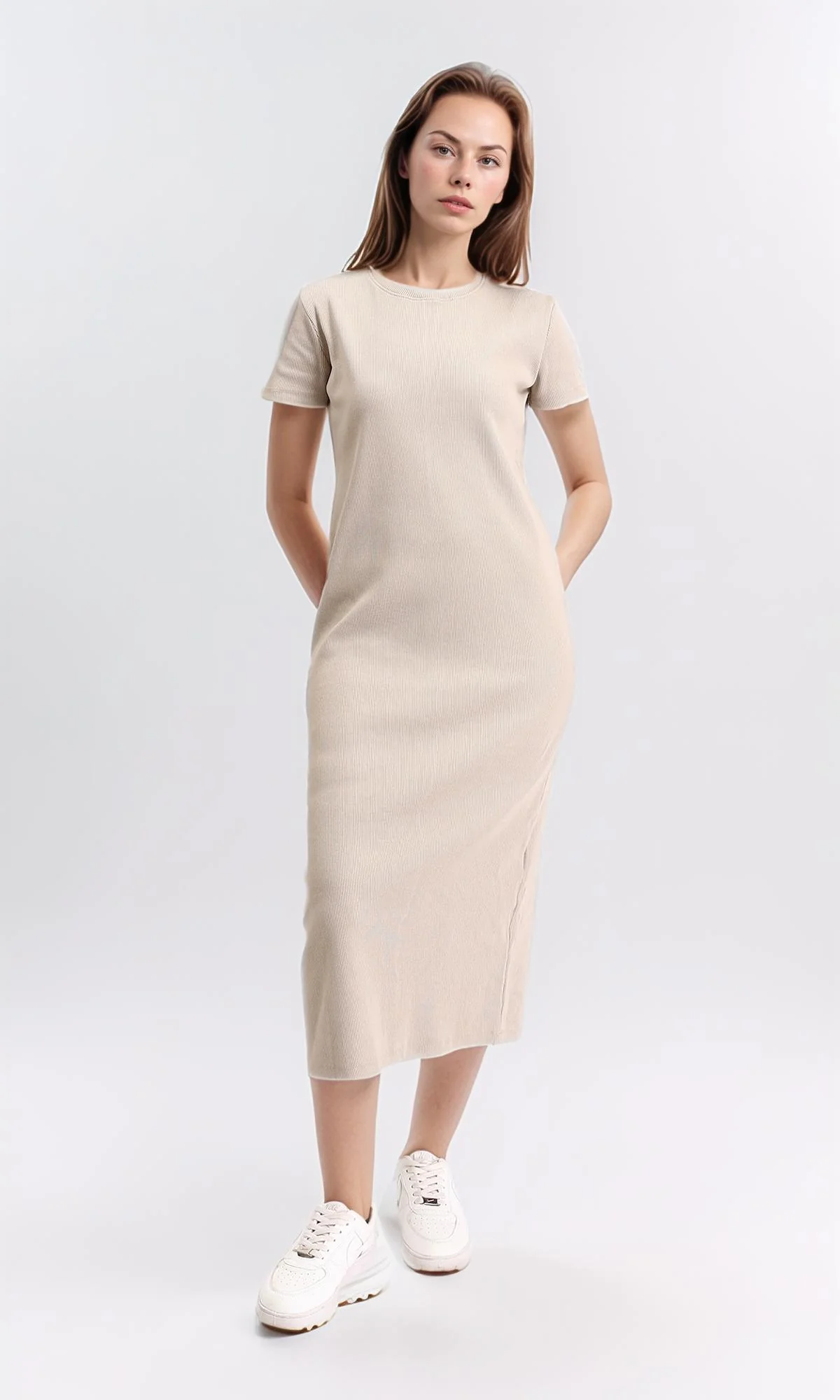 R210654 - Slip On Short Sleeves Midi Dress - Ecru - Image 4