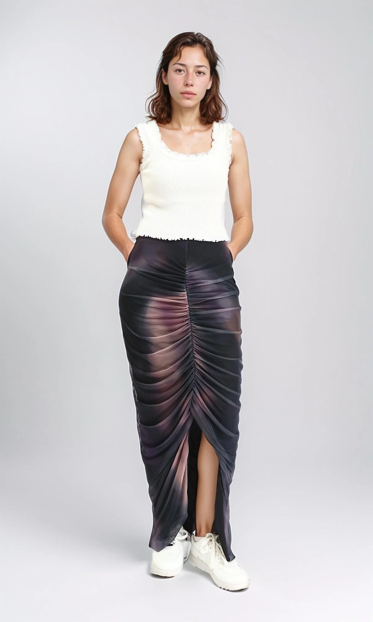 R209248 - Slip On Tulle Skirt with Front Slit - Coffee & Black - Image 4