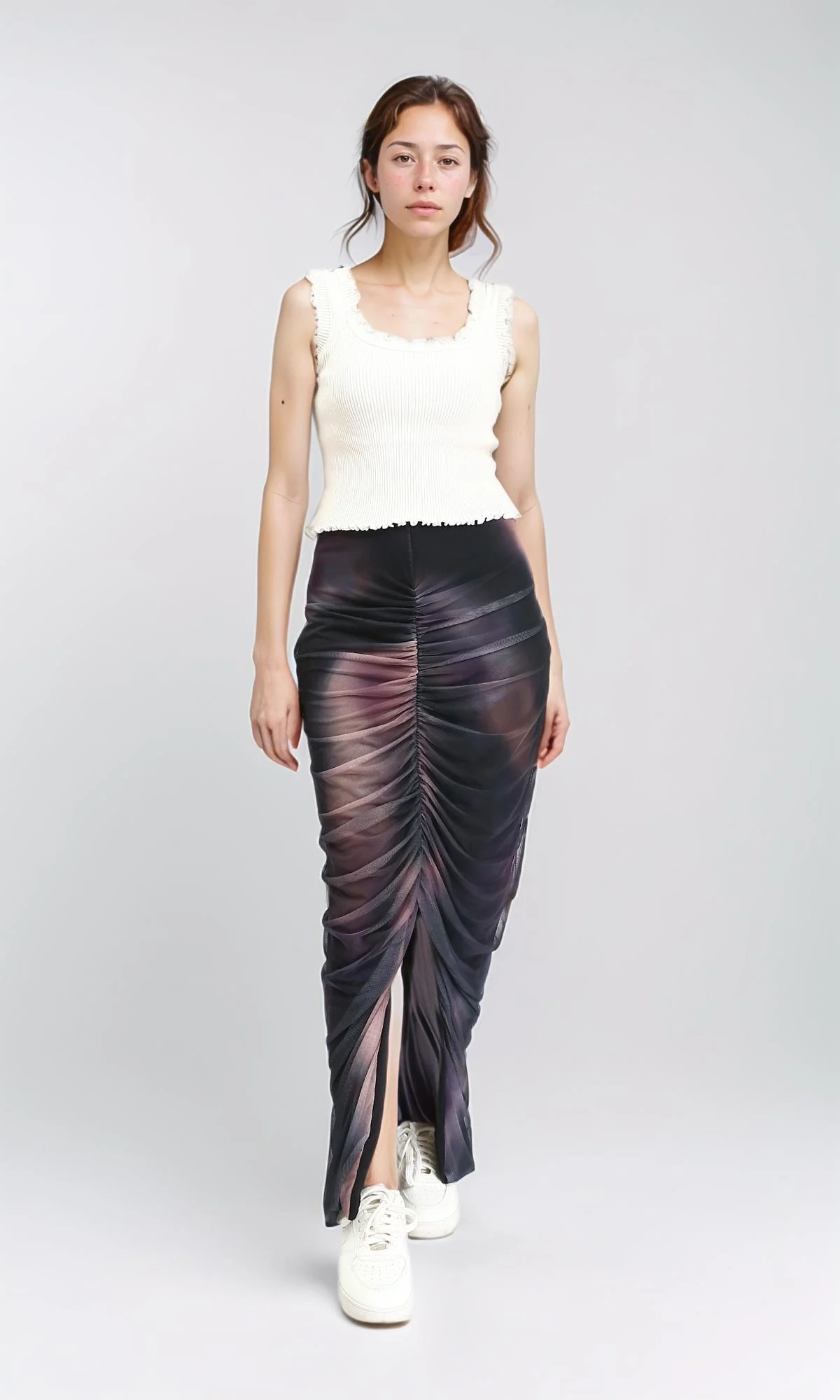 R209248 - Slip On Tulle Skirt with Front Slit - Coffee & Black - Image 5