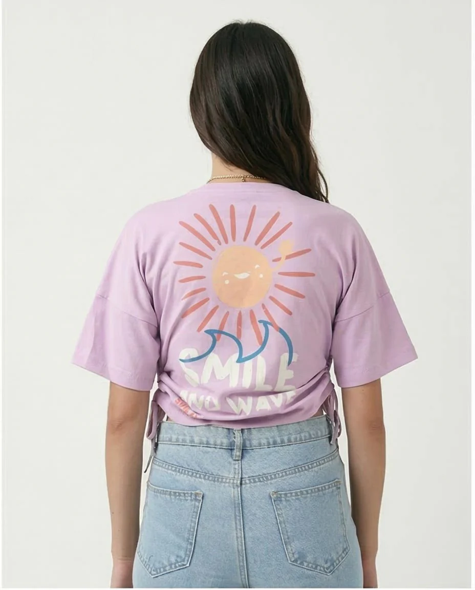 Ravin - Smile and Wave Graphic Side-Cinch Tee - Light Purple - R210321 - Image 2