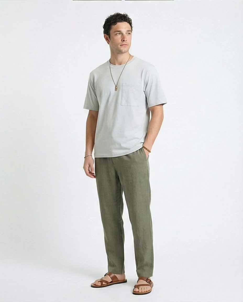 R215869 - Solid Basic Tee with Front Pocket - Light Grey - Image 4