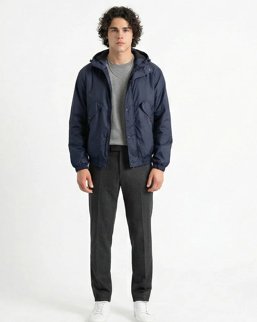 R214164 - Solid Bomber Jacket with Multi Pockets - Navy Blue - Image 4