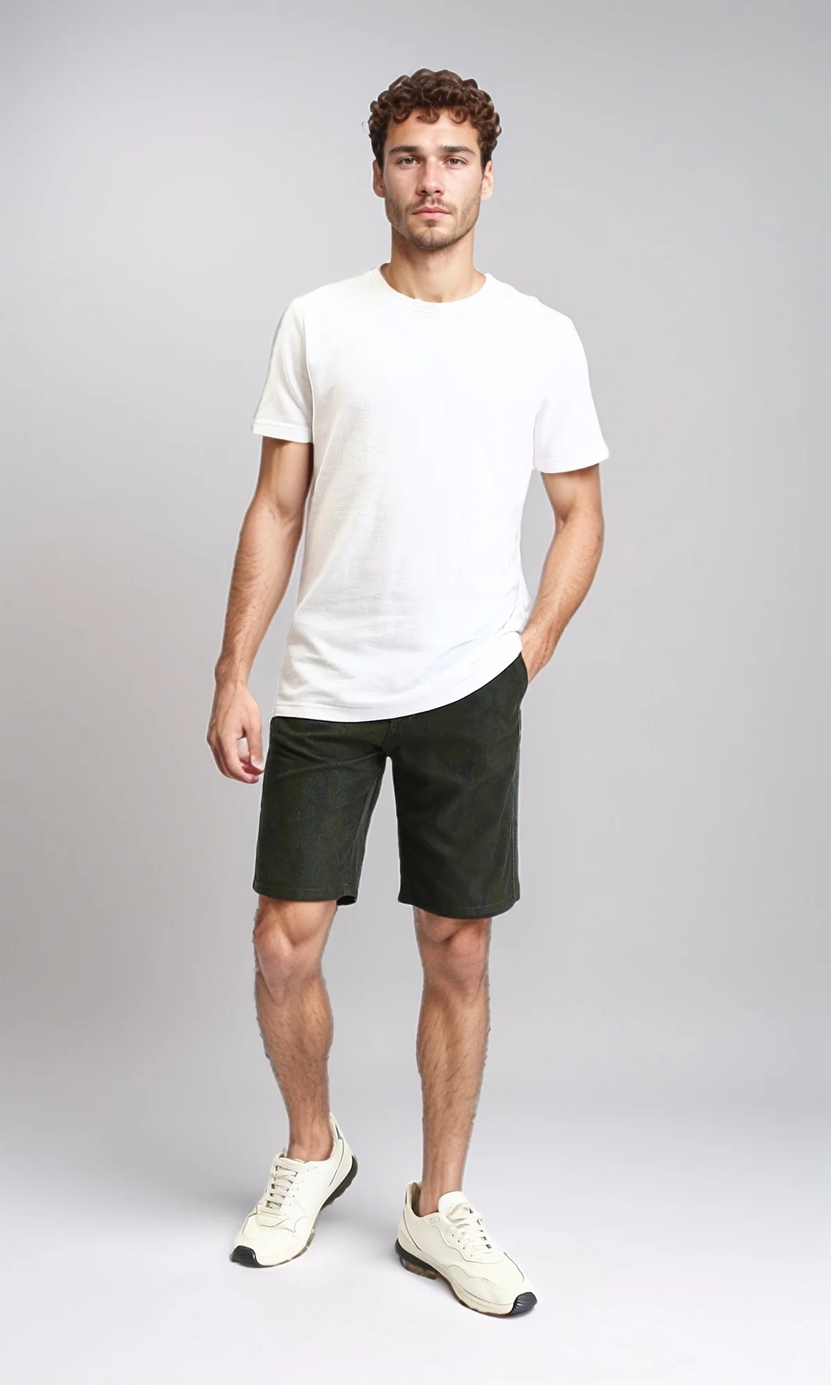 R204539 - Solid Cotton Casual Shorts - Dark Olive - Image 4