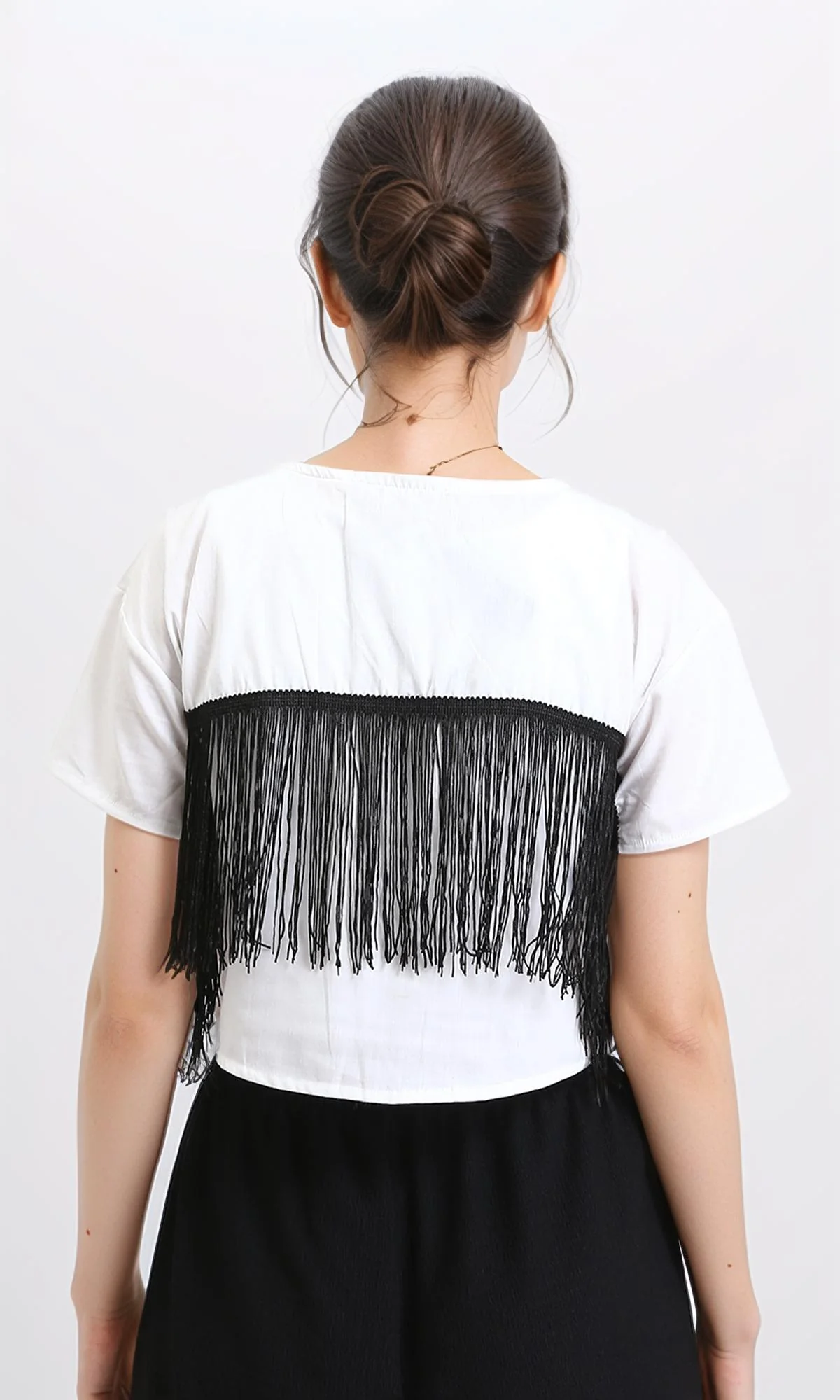 R209218 - Solid Cotton Tee with Back Fringes - White - Image 2