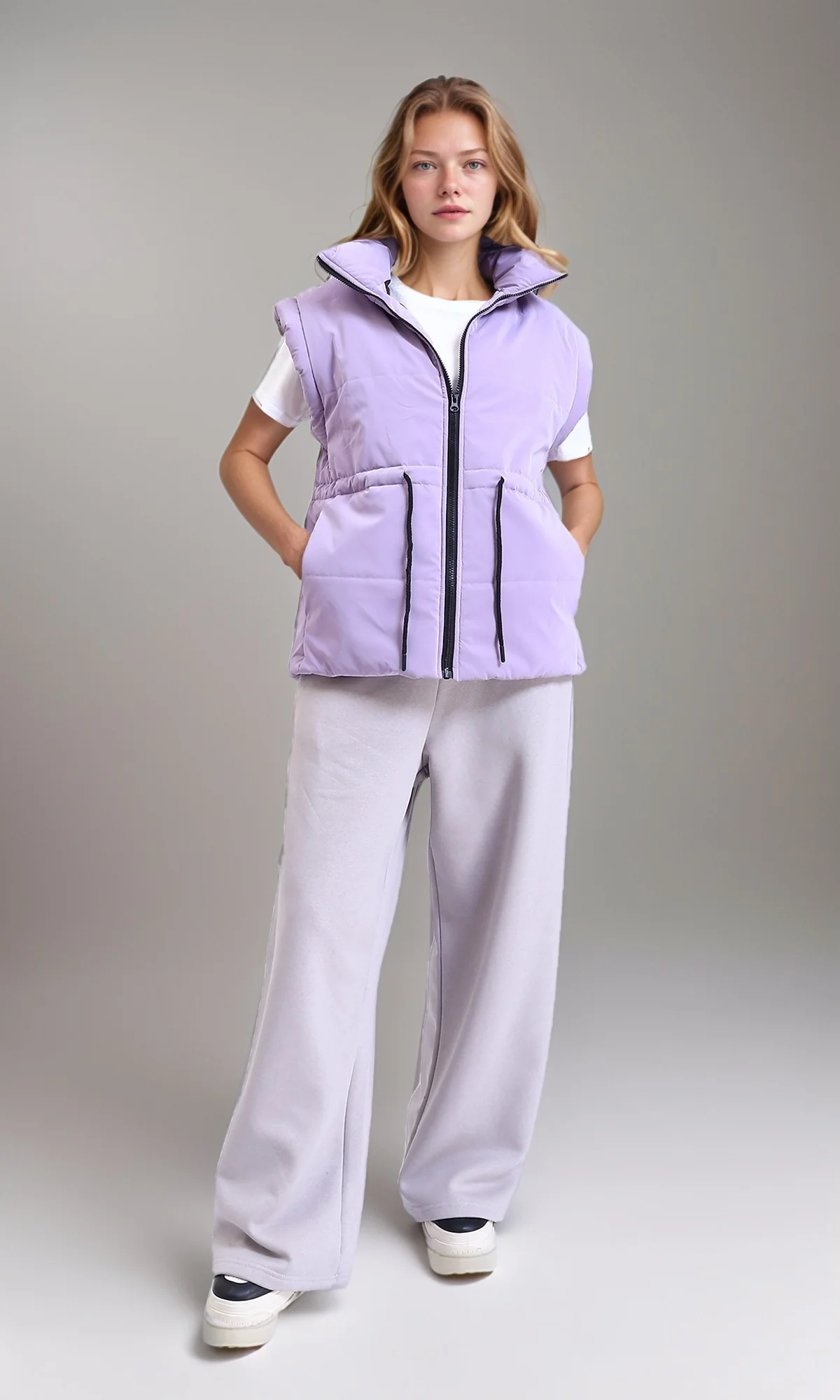 R215219 - Solid Cotton Wide-Leg Pants - Light Grey - Image 5