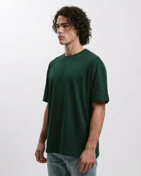 R216107 - Solid Crew Neck Relaxed Fit Tee - Dark Green - Image 3