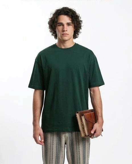 R216107 - Solid Crew Neck Relaxed Fit Tee - Dark Green - Image 4