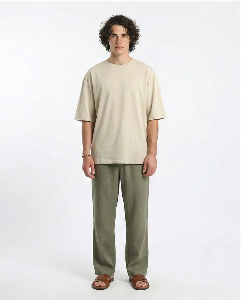 R216111 - Solid Crew Neck Relaxed Fit Tee - Light Beige - Image 4