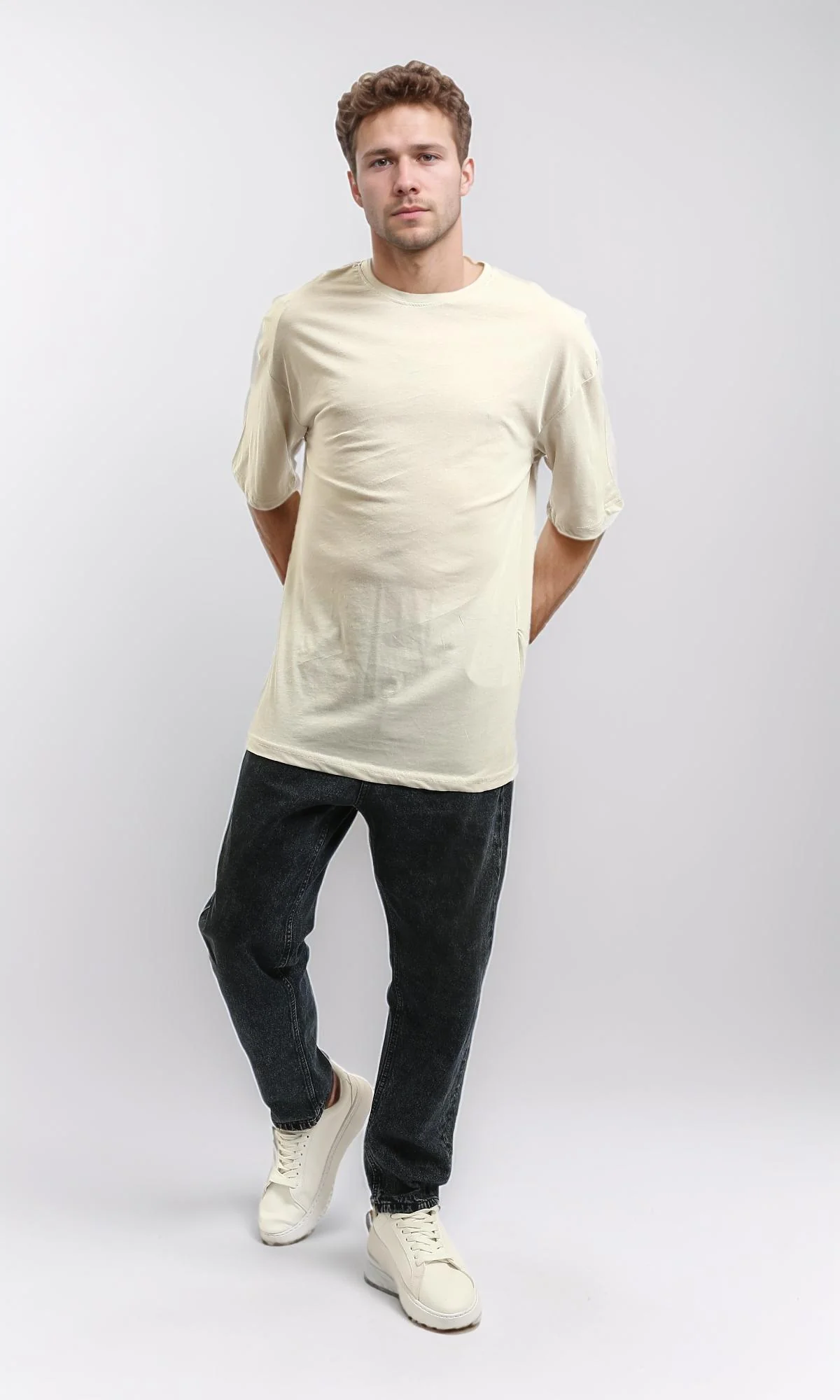 R216111 - Solid Crew Neck Relaxed Fit Tee - Light Beige - Image 6