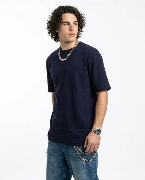 R216165 - Solid Crew Neck Relaxed Fit Tee - Navy Blue - Image 3