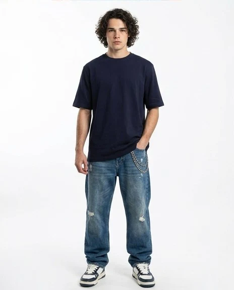R216165 - Solid Crew Neck Relaxed Fit Tee - Navy Blue - Image 4