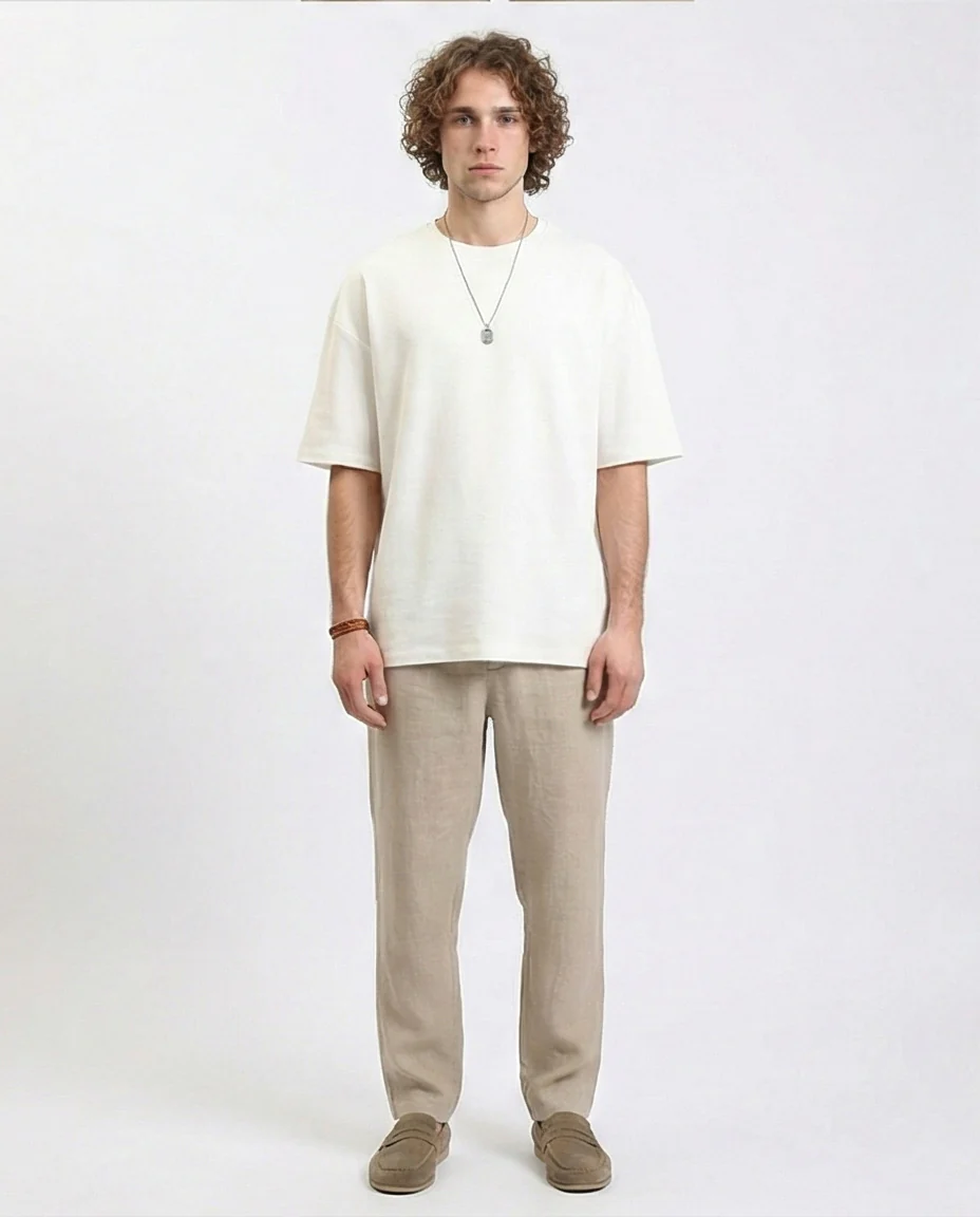 R215966 - Solid Crew Neck Relaxed Fit Tee - Off-White - Image 3