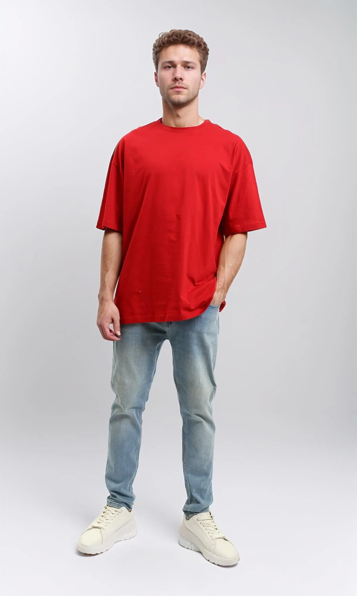 R216104 - Solid Crew Neck Relaxed Fit Tee - Red - Image 4