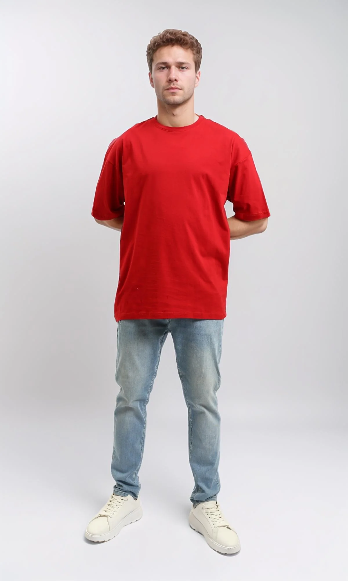 R216104 - Solid Crew Neck Relaxed Fit Tee - Red - Image 5