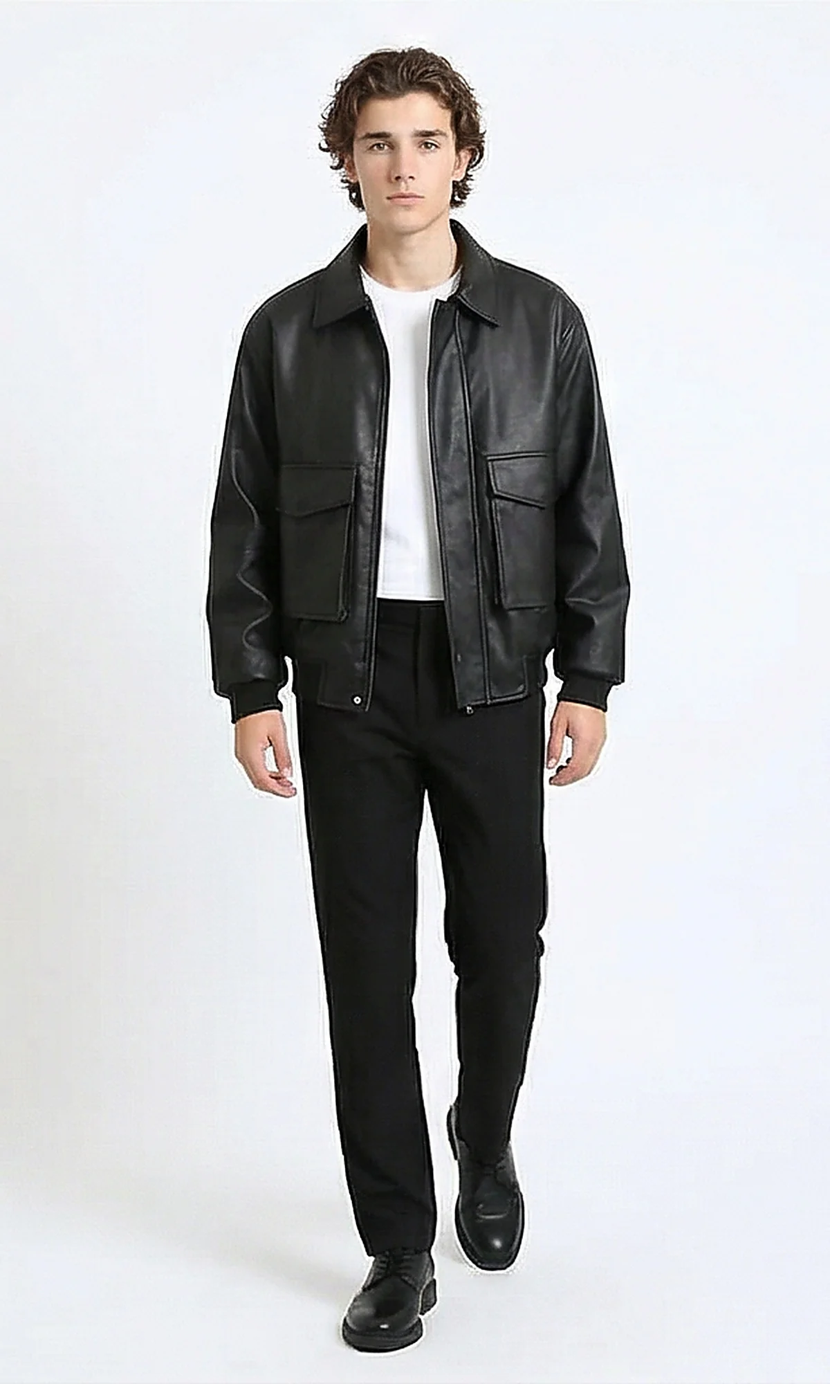 R214518 - Solid Leather Jacket with Front Pockets - Black - Image 3