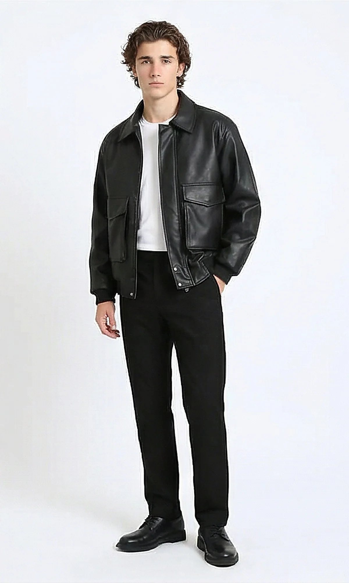 R214518 - Solid Leather Jacket with Front Pockets - Black - Image 4