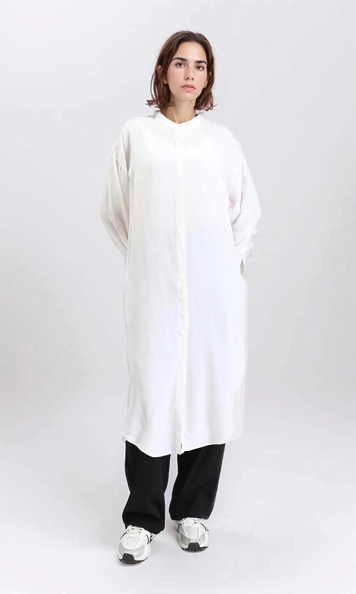 R205857 - Solid Long Shirt with Mandarin Collar - Off-White - Image 4