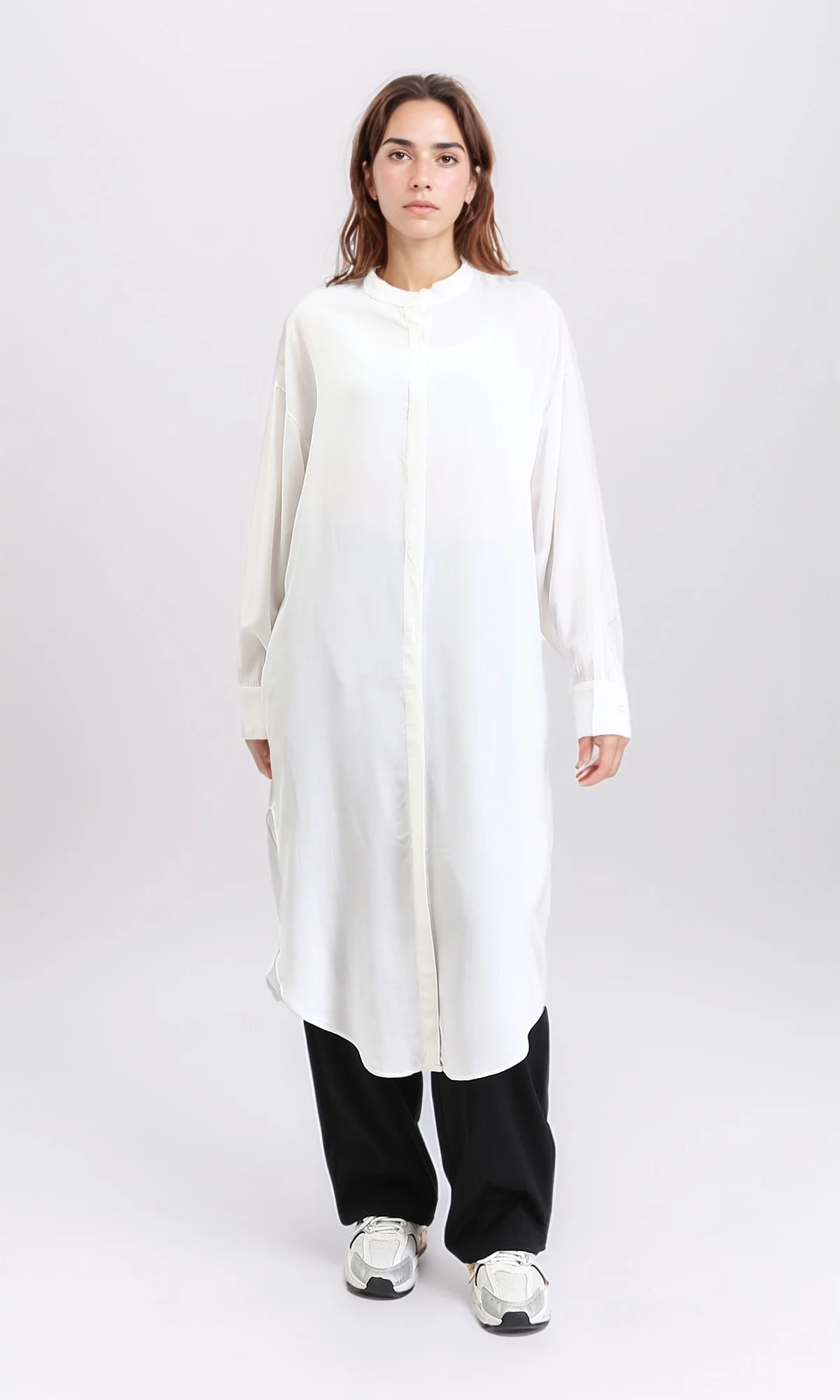 R205857 - Solid Long Shirt with Mandarin Collar - Off-White - Image 5