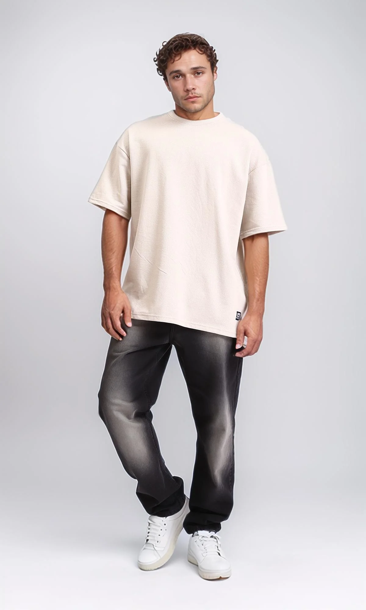 R210245 - Solid Pattern Slip On Basic Tee - Light Beige - Image 4