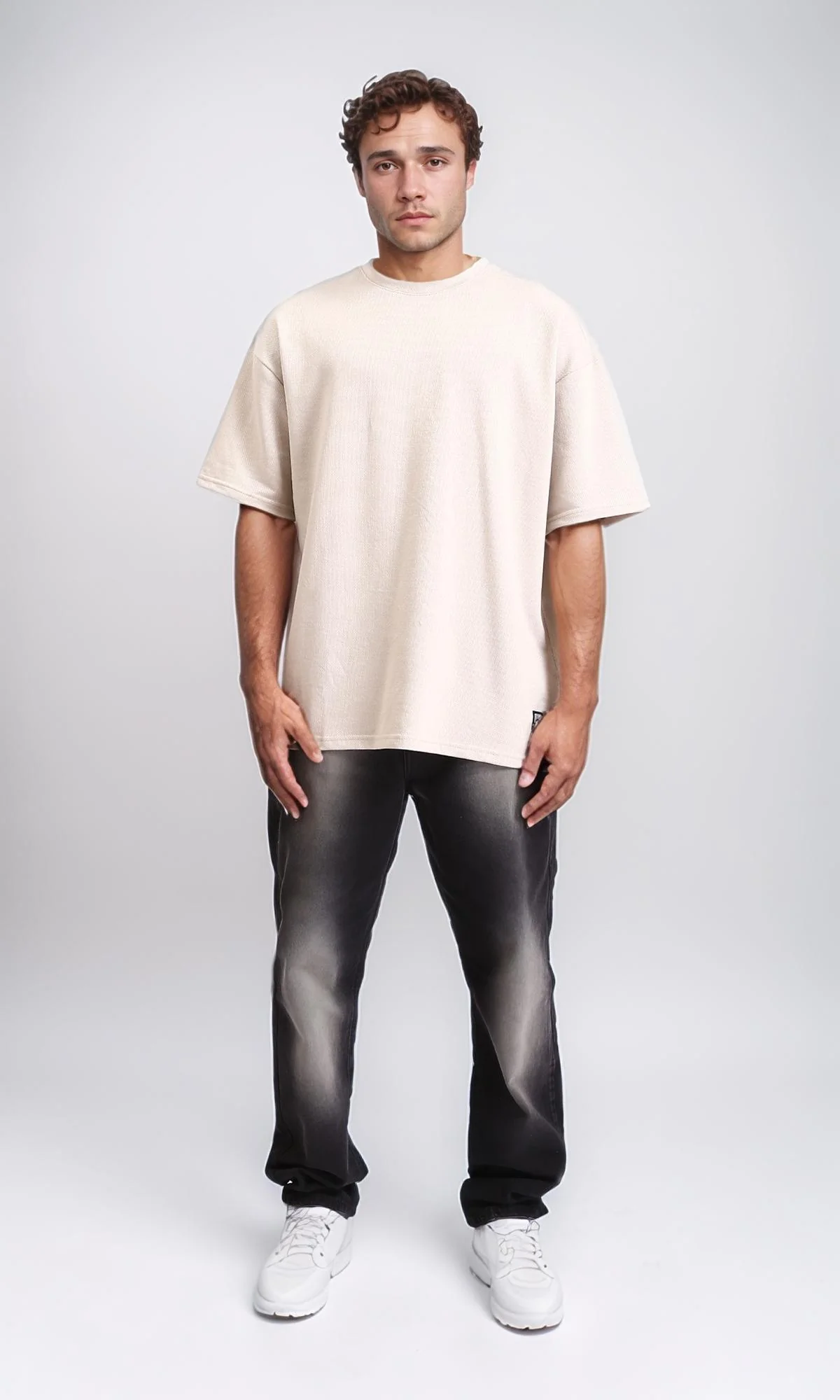 R210245 - Solid Pattern Slip On Basic Tee - Light Beige - Image 5