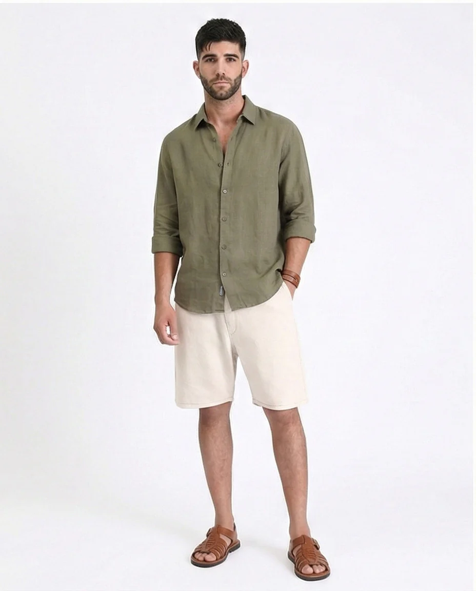 R213140 - Solid Pattern Slip On Casual Shorts - Beige - Image 3