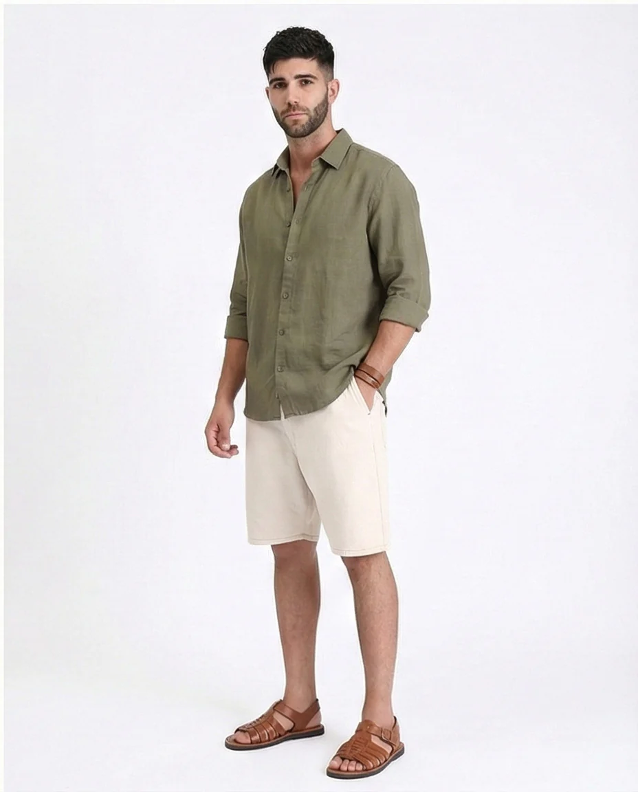 R213140 - Solid Pattern Slip On Casual Shorts - Beige - Image 4