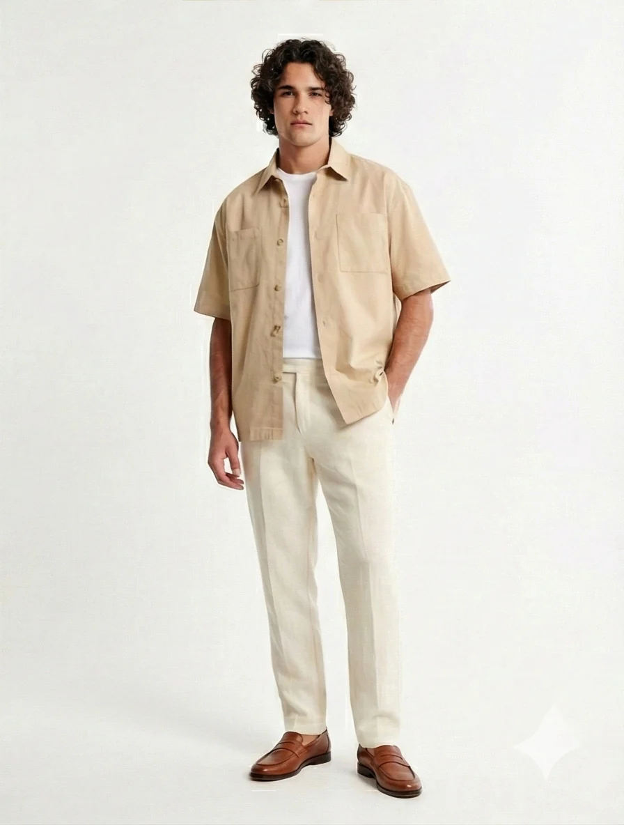 R210044 - Solid Short Sleeves Classic Shirt - Dark Beige - Image 3