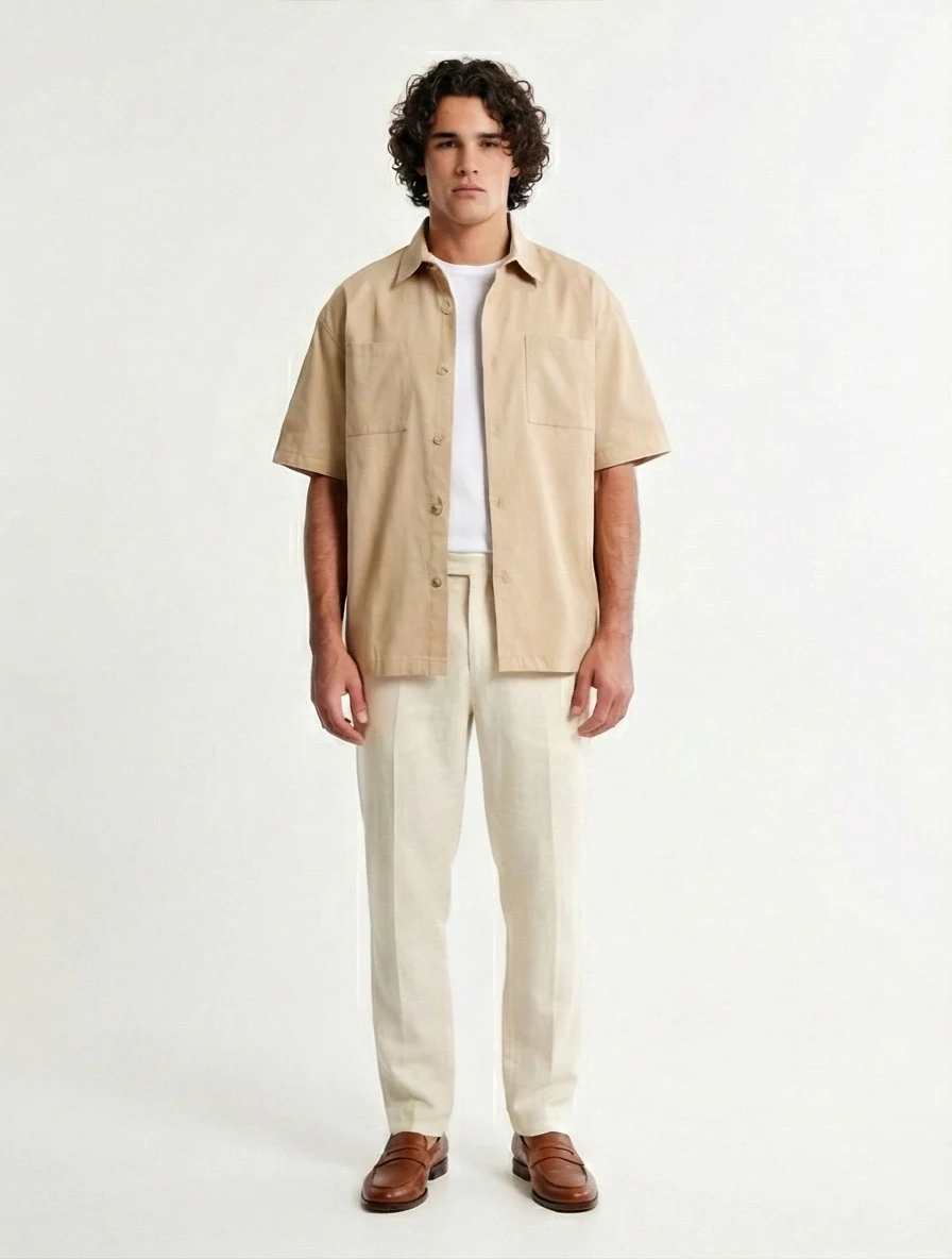 R210044 - Solid Short Sleeves Classic Shirt - Dark Beige - Image 4