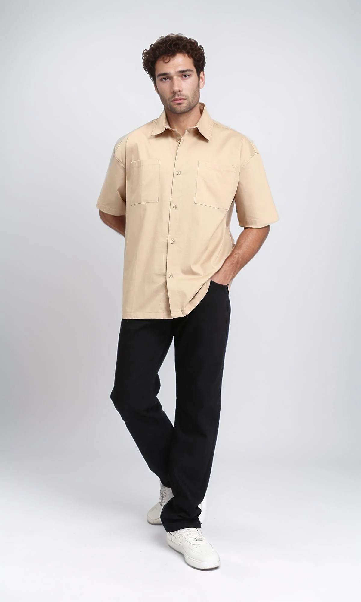 R210044 - Solid Short Sleeves Classic Shirt - Dark Beige - Image 5