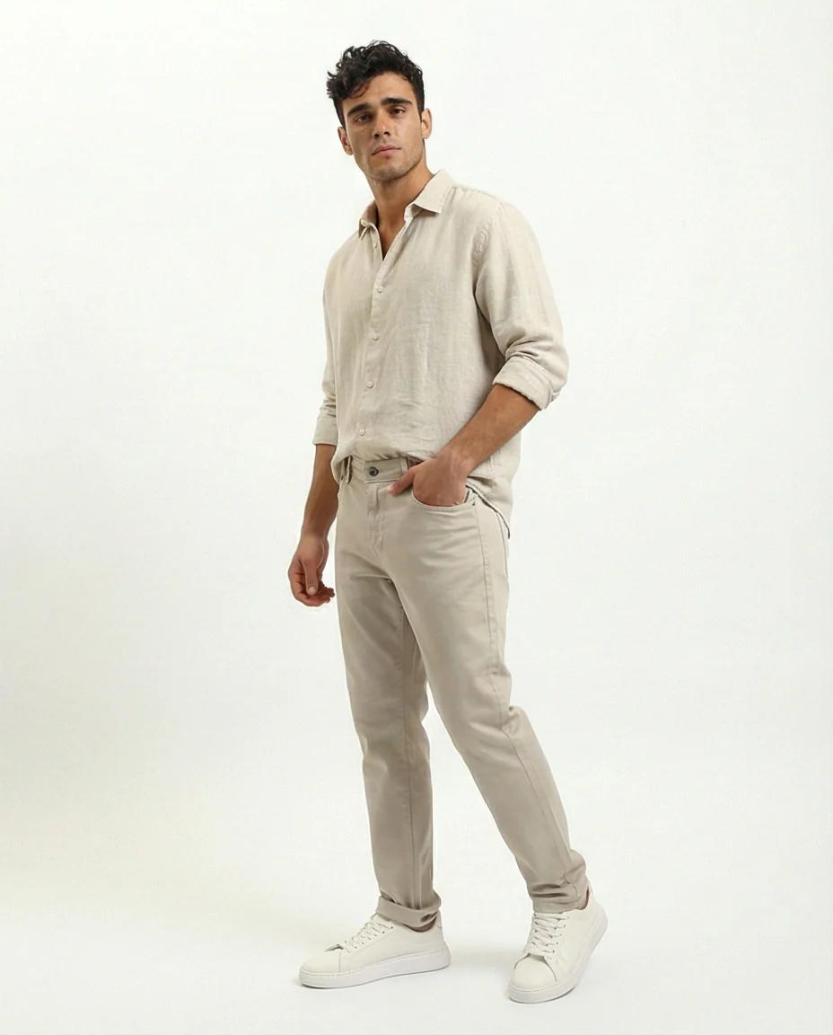 R215304 - Solid Slim Fit Comfy Chino Pants - Light Khaki - Image 4