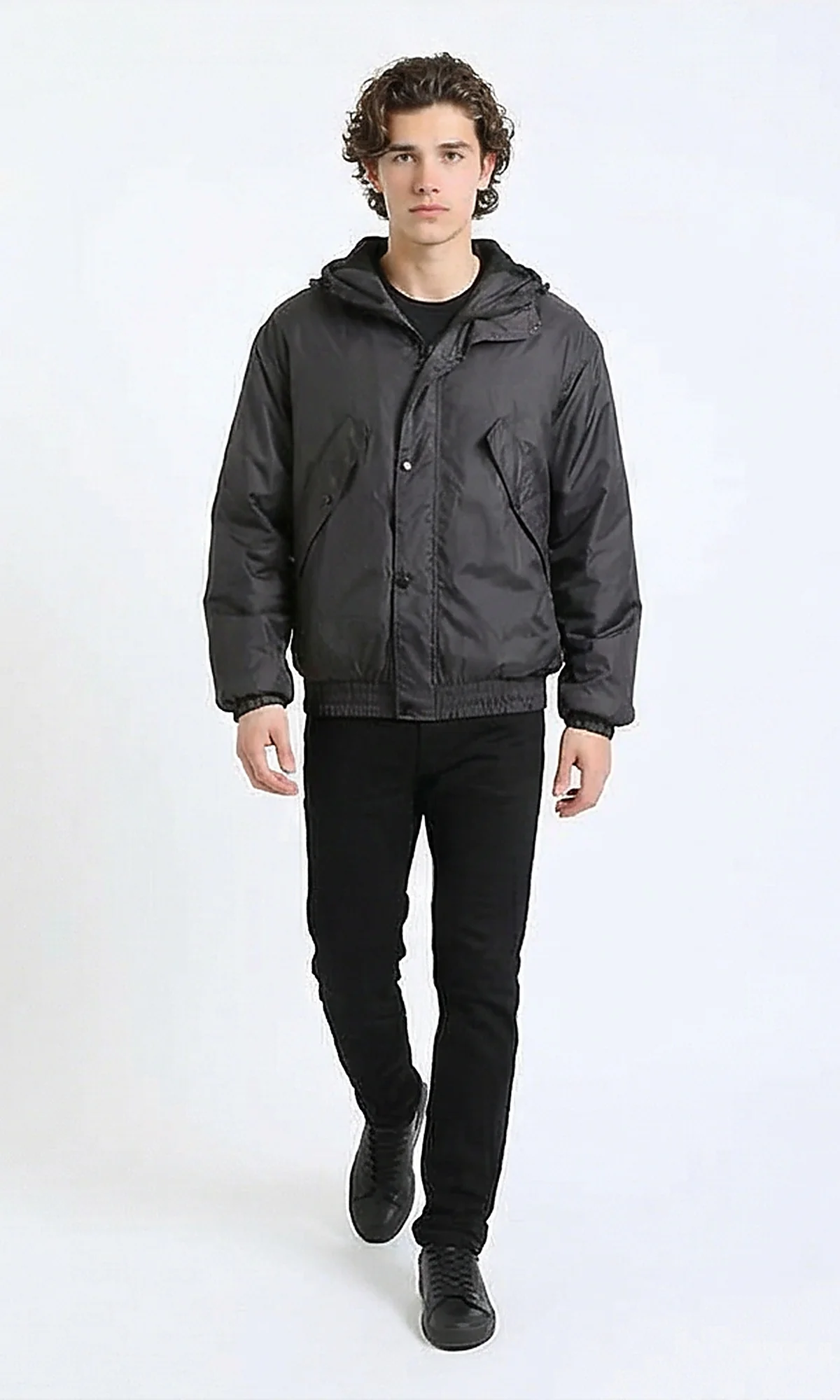 R214165 - Solid Waterproof Jacket with Elastic Hem - Charcoal Grey - Image 3