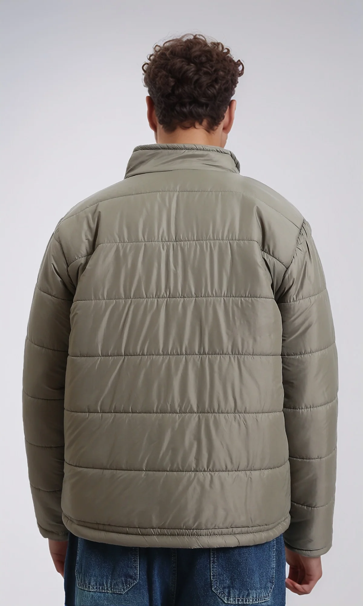 R211351 - Stand Collar Quilted Bomber Jacket - Light Khaki - Image 2